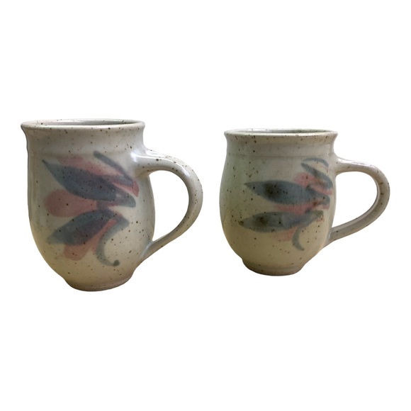 Handthrown Artisan Pottery Mugs Pastel Leaf Swirl Speckled Stone Boho Country - Picture 2 of 10